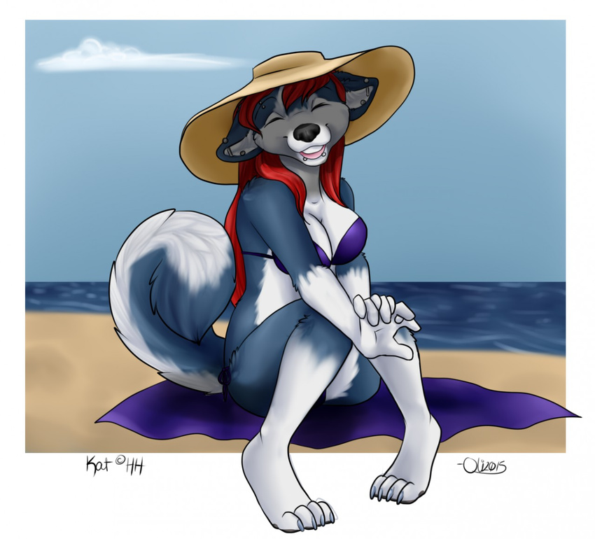 anthro beach bikini canid canine canis clothing detailed_background digital_media_(artwork) domestic_dog ear_piercing facial_piercing female fluffy hat headgear headwear husky katherine lip_piercing mammal nordic_sled_dog oli_snowpaw on_towel outside piercing purple_bikini purple_clothing purple_swimwear sand seaside shaded sky snakebite_piercing solo spitz sun_hat swimwear towel tropical water