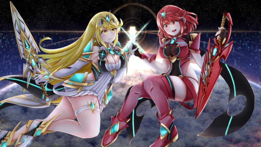 2girls aegis_sword_(xenoblade) armor blonde_hair blush breasts commentary_request earrings headpiece highres holding holding_hands holding_sword holding_weapon jewelry large_breasts long_hair multiple_girls mythra_(xenoblade) pyra_(xenoblade) red_eyes red_hair sarasadou_dan short_hair space stratosphere sword thighs weapon xenoblade_chronicles_(series) xenoblade_chronicles_2 yellow_eyes