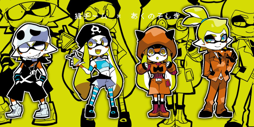 2boys 2girls aqua_eyes brown_eyes business_suit commentary_request formal glasses green_hair hat hood inkling inkling_boy inkling_girl inkling_player_character jewelry multiple_boys multiple_girls nana_(raiupika) necklace pokemon pokemon_oras splatoon_(series) striped_clothes striped_thighhighs suit team_aqua team_aqua_grunt team_aqua_uniform team_flare team_flare_grunt team_flare_uniform team_magma team_magma_grunt team_magma_uniform team_skull team_skull_grunt team_skull_uniform tentacle_hair thighhighs topknot