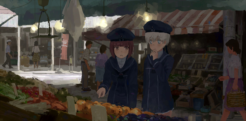 2girls bag blue_eyes brown_eyes clothes_writing commentary_request day dress faceless faceless_female faceless_male food grey_hair hat kantai_collection long_sleeves market multiple_girls neckerchief outdoors sailor_collar sailor_dress sailor_hat shijukara_(great_tit) short_hair uniform z1_leberecht_maass_(kancolle) z3_max_schultz_(kancolle)