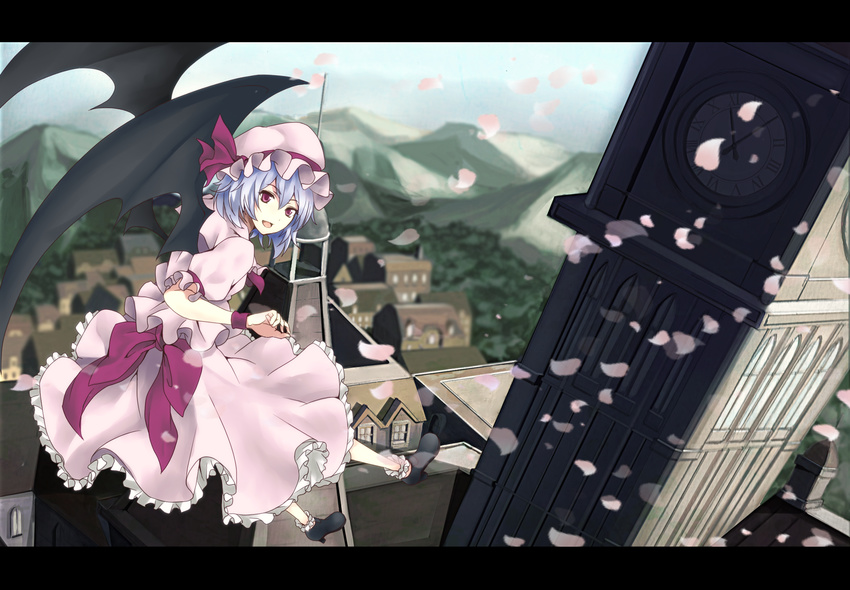 bow clock clock_tower commentary_request dress female frills hat hat_bow highres koko letterboxed mountain open_mouth petals pink_dress pink_eyes purple_hair remilia_scarlet ribbon short_hair sitting solo touhou tower wings