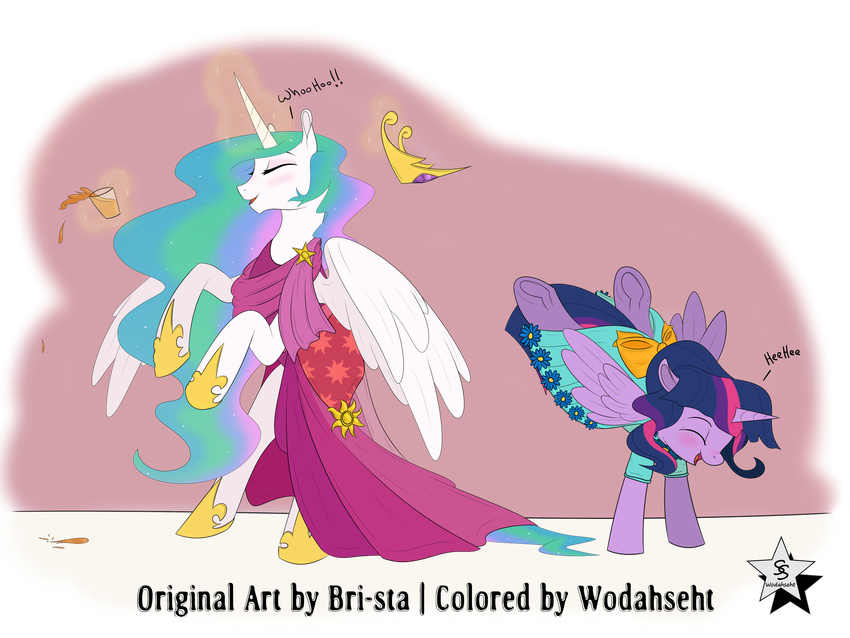 2015 4:3 absurd_res alicorn alpha_channel beverage blush bri-sta closed_eyes clothing crown dress duo english_text equid equine feathered_wings feathers female feral food friendship_is_magic fur hair hasbro headgear hi_res horn long_hair mammal multicolored_hair my_little_pony mythological_creature mythological_equine mythology open_mouth princess_celestia_(mlp) purple_body purple_fur purple_hair ribbons text twilight_sparkle_(mlp) two_tone_hair white_body white_fur wings wodahseht