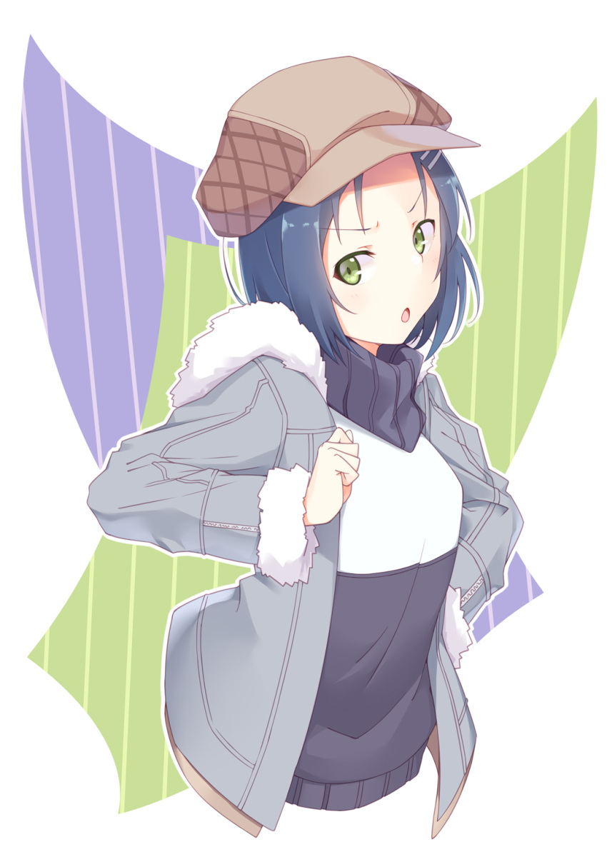 :o bad_id bad_pixiv_id beret blue_hair cropped_torso female fur-trimmed_jacket fur_trim gochuumon_wa_usagi_desu_ka? green_eyes hair_ornament hairclip hand_on_own_hip hat hetareeji highres jacket long_sleeves looking_at_viewer mate_rin open_clothes open_jacket open_mouth outline short_hair solo upper_body v-shaped_eyebrows white_outline