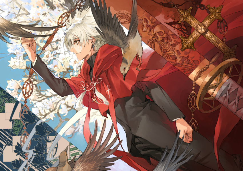 1boy absurdres amakusa_shirou_(fate) arm_up bird black_jacket black_legwear brown_eyes cape closed_mouth commentary_request cross cross_necklace dark_skin earrings fate/grand_order fate_(series) flying hair_between_eyes highres jacket jewelry necklace seomouse short_hair skeleton skull smile stole sword tassel weapon white_hair