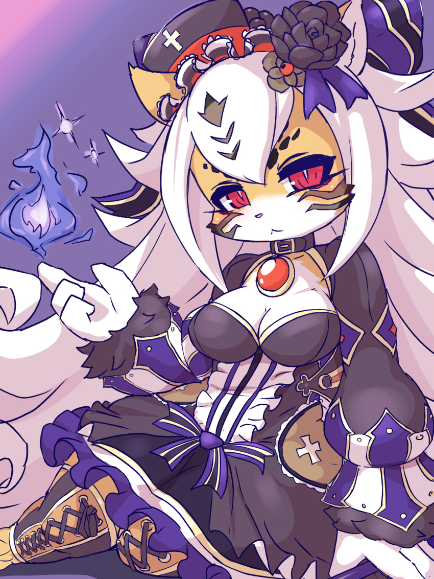 :< animal_ears animal_nose bad_id bad_pixiv_id blush body_fur bow breasts bright_pupils cleavage commentary female flower fullbokko_heroes fur-trimmed_sleeves fur_trim furry furry_female hair_flower hair_ornament hairbow hat hellhound_(fullbokko_heroes) highres long_hair medium_breasts purple_background red_eyes simple_background sitting solo takeshi-kemo tiger_ears tiger_girl white_fur white_hair white_pupils yellow_fur