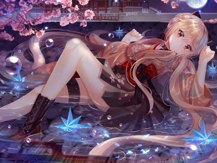 absurdly_long_hair absurdres alternate_costume assault_rifle bad_id bad_pixiv_id black_gloves blonde_hair blush boots braid breasts bullpup cherry_blossoms choker closed_mouth cross-laced_footwear ecu8080 expressionless female floral_print full_moon girls'_frontline gloves gun hakama hakama_short_skirt hakama_skirt hands_up high-waist_skirt highres japanese_clothes kimono knee_up lace-up_boots lens_flare light_particles long_hair looking_at_viewer moon night night_sky obi official_alternate_costume ots-14_(flurry_of_petals)_(girls'_frontline) ots-14_(girls'_frontline) ots-14_groza outdoors partially_submerged pink_kimono pleated_skirt reclining rifle sash sidelocks skirt sky solo sparkle thigh_strap very_long_hair water_drop weapon wet yellow_eyes