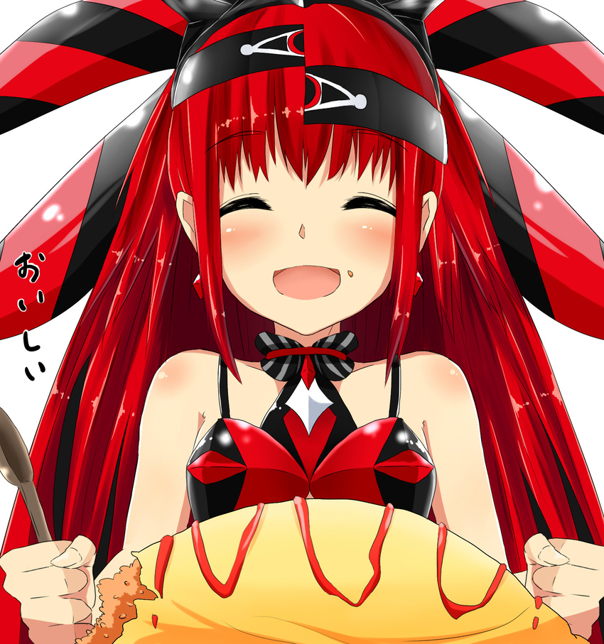 aka_no_ripika bare_shoulders beatmania_iidx bemani blush body_blush closed_eyes commentary_request earrings eating female food food_on_face hair_ornament happy hat highres jewelry long_hair omelet omurice open_mouth red_hair rice rice_on_face smile solo spoon yamato_(muchuu_paradigm)