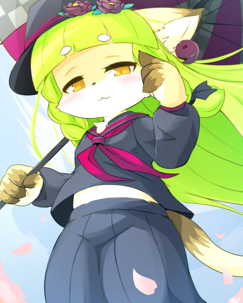 :3 animal_ears animal_nose bad_id bad_pixiv_id black_serafuku black_skirt body_fur cat_ears cat_girl cat_tail cherry_blossoms commentary female from_below fullbokko_heroes furry furry_female green_hair hat highres holding holding_umbrella kushinada_(fullbokko_heroes) long_hair looking_at_viewer midriff_peek navel pleated_skirt school_uniform serafuku skirt solo tail takeshi-kemo umbrella white_fur yellow_eyes yellow_fur