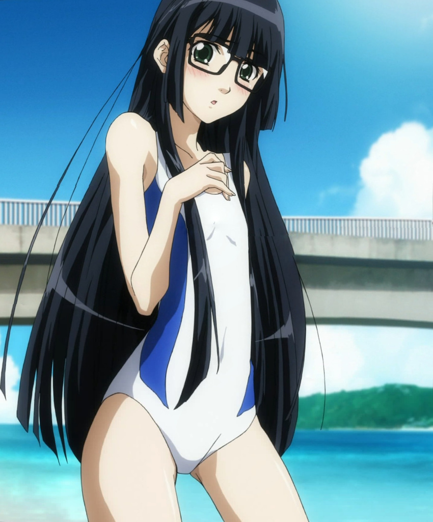 asobi_ni_iku_yo! beach black_hair female flat_chest futaba_aoi_(asobi_ni_iku_yo!) glasses highres long_hair one-piece_swimsuit solo swimsuit very_long_hair