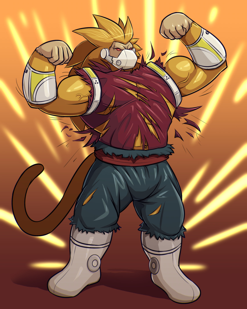 anthro clothing dragon_ball dragon_ball_z flexing flexing_bicep flexing_both_biceps fur hi_res male mammal oozaru orange_body orange_fur primate primodrago red_eyes solo torn_clothing