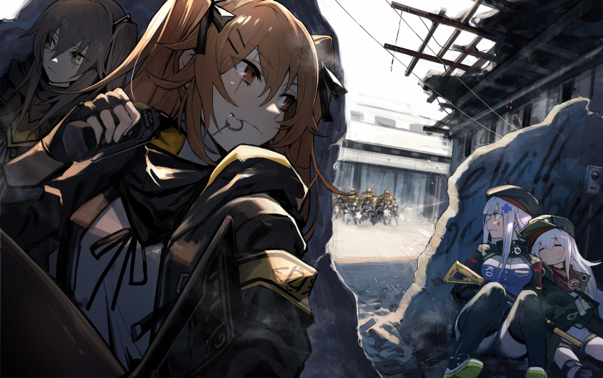 404_(girls'_frontline) 4girls :3 =_= absurdres aegis_(girls'_frontline) armband assault_rifle beret black_gloves black_hat black_jacket black_ribbon black_skirt black_socks blush breasts brown_eyes brown_hair clenched_teeth cloak closed_eyes closed_mouth commentary_request day drooling dutch_angle facial_mark fingerless_gloves firing flashbang g11_(girls'_frontline) girls'_frontline gloves green_eyes grey_hair gun h&k_g11 h&k_hk416 hair_between_eyes hair_ornament hair_ribbon hairclip hat heckler_&_koch highres hk416_(girls'_frontline) holding holding_gun holding_weapon hood hood_down hooded_jacket jacket jaeger_(girls'_frontline) knees_up large_breasts leaning_back leaning_on_person long_hair long_sleeves looking_to_the_side mephisto_(angraecum) miniskirt mouth_hold multiple_girls muzzle_flash one_side_up open_clothes open_jacket outdoors parted_lips peaked_cap profile purple_shirt ribbon rifle sangvis_ferri scar scar_across_eye scar_on_face scarf shirt shoes sidelocks sitting skirt sky sleeves_past_wrists smoke socks teeth thighhighs twintails ump45_(girls'_frontline) ump9_(girls'_frontline) vespid_(girls'_frontline) weapon white_hair white_shirt yellow_armband