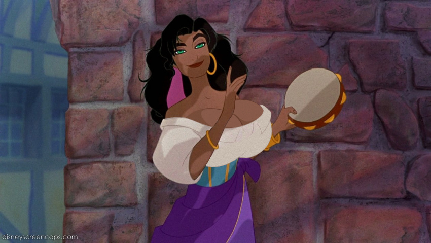 big_breasts black_hair breasts cleavage clothed disney earrings edit esmeralda green_eyes lipstick long_hair screenshot screenshot_edit smile the_hunchback_of_notre_dame