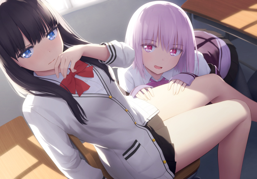 >:( 2girls :d all_fours black_hair black_pantyhose black_skirt bloom blue_eyes blush bow bowtie cardigan classroom closed_mouth collared_shirt commentary_request desk from_above frown goribote gridman_universe hands_on_another's_thigh indoors jacket light_purple_hair long_hair long_sleeves looking_at_another looking_away multiple_girls off_shoulder open_mouth pantyhose pink_eyes pleated_skirt purple_jacket red_bow red_bowtie school_desk school_uniform shinjou_akane shirt short_hair sitting skirt sleeves_past_wrists smile ssss.gridman sunlight sweater takarada_rikka thigh_grab thighs v-shaped_eyebrows white_cardigan white_shirt white_sweater window_shadow yuri