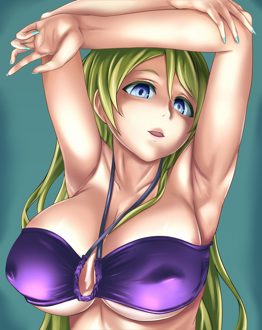 aqua_nails armpits arms_up ayase_eli bad_id bad_pixiv_id bikini blonde_hair blue_eyes breasts covered_nipples criss-cross_halter cutie_panther daiwa_(daicon) female green_hair halterneck highres large_breasts long_hair love_live! love_live!_school_idol_project nail_polish parted_lips purple_bikini solo swimsuit upper_body