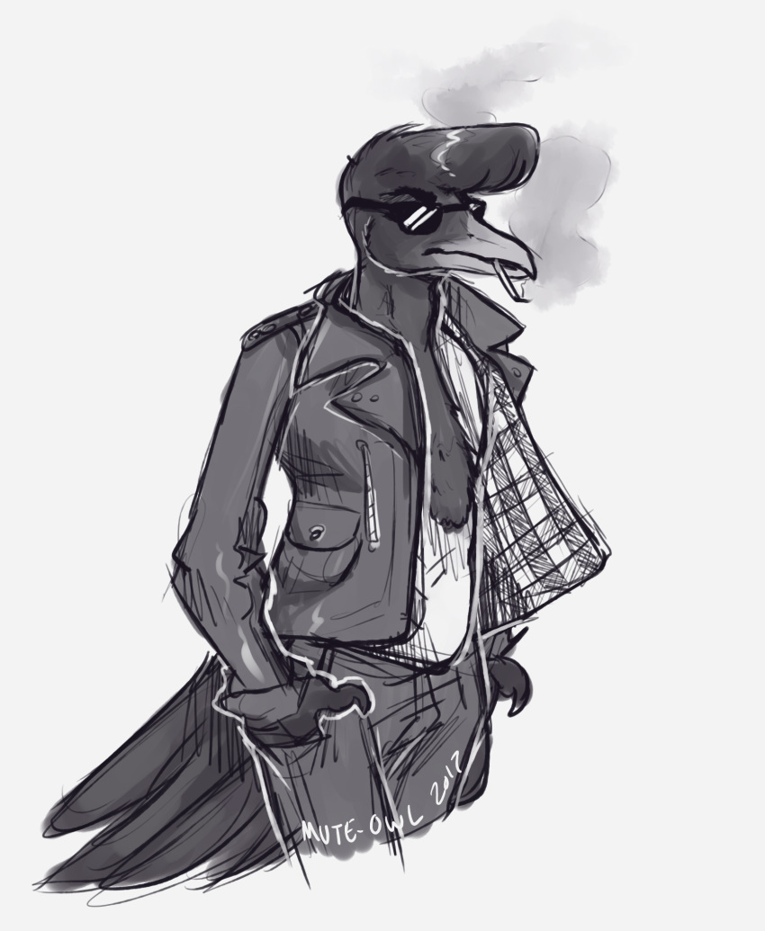 2017 alternative_fashion anthro avian avian_caruncle beak biped bird black_body black_feathers black_tail bottomwear cigarette clothed clothing cotingid delinquent dewlap_(anatomy) digital_drawing_(artwork) digital_media_(artwork) eyebrows eyewear feathered_crest feathers fully_clothed greaser grey_beak grey_clothing half-length_portrait hand_in_pocket hands_in_both_pockets head_crest hi_res jacket leather leather_clothing leather_jacket leather_topwear male mute-owl new_world_suboscine open_clothing open_jacket open_topwear pants passerine pockets pompadour portrait rockabilly shirt simple_background smoking solo standing suboscine sunglasses tail tail_feathers topwear umbrellabird undershirt wattle white_background white_clothing