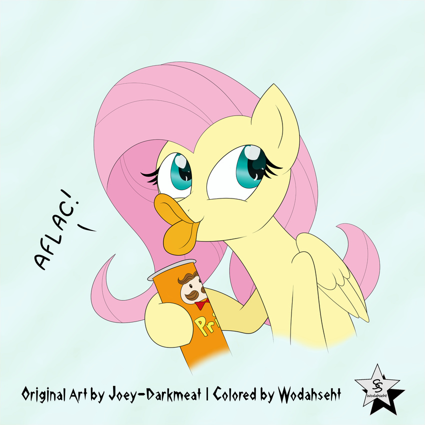 1:1 2015 absurd_res alpha_channel chips_(food) english_text equid equine feathered_wings feathers female feral fluttershy_(mlp) food friendship_is_magic fur hair hasbro hi_res joey-darkmeat long_hair mammal my_little_pony mythological_creature mythological_equine mythology pegasus pink_hair pringles simple_background solo teal_eyes text wings wodahseht yellow_body yellow_feathers yellow_fur