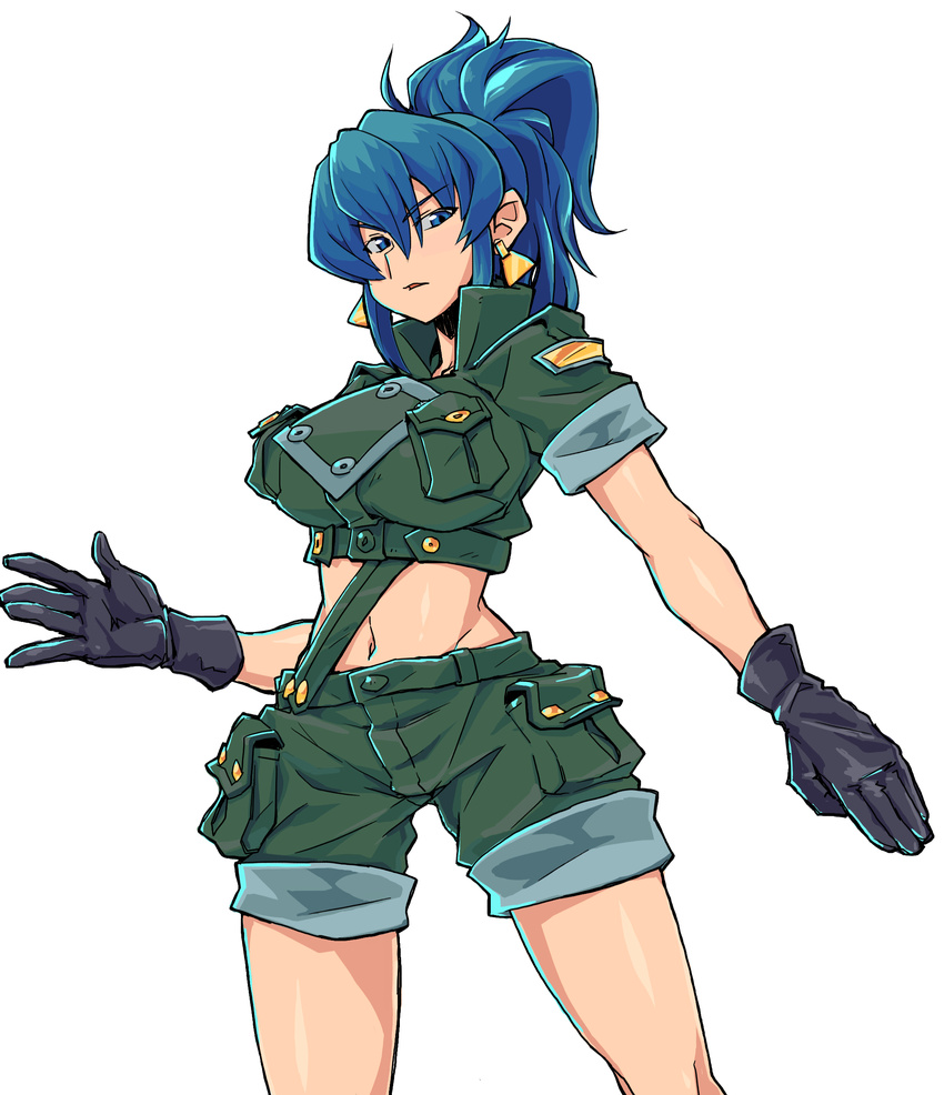 absurdres black_gloves blue_eyes blue_hair breasts commentary_request coso-ri crop_top earrings female gloves highres jewelry large_breasts leona_heidern long_hair midriff navel ponytail shorts solo the_king_of_fighters