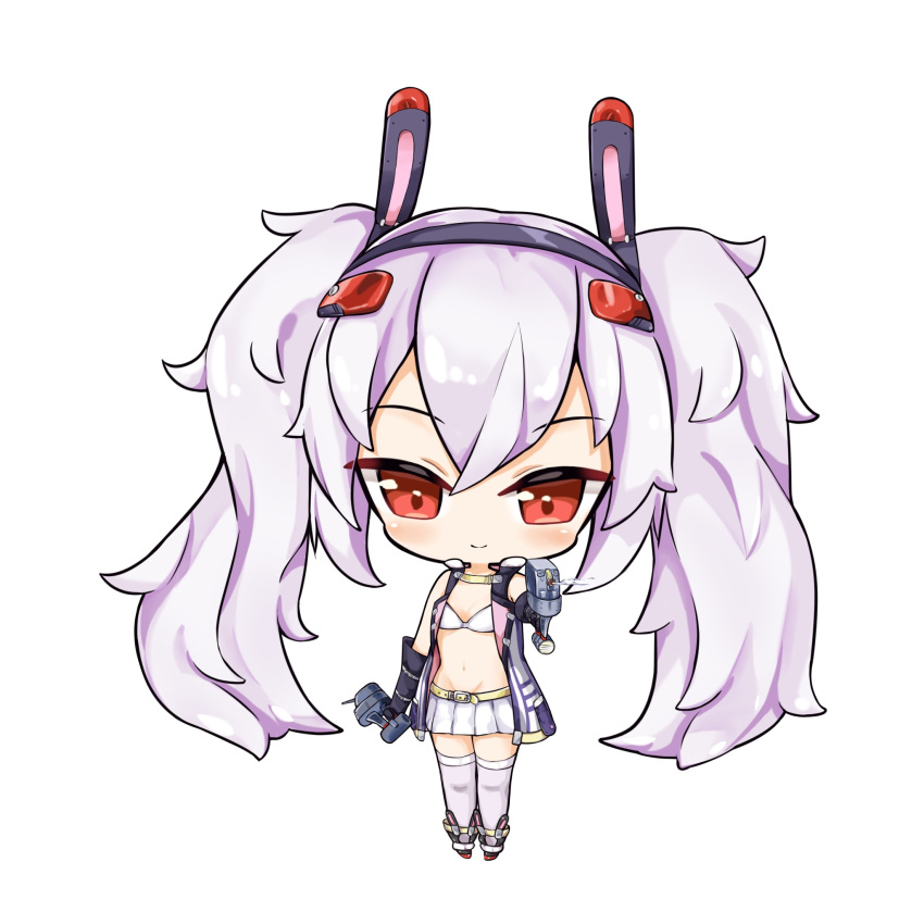 animal_ears azur_lane bare_shoulders belt belt_buckle big_head bikini bikini_top_only bikini_under_clothes black_footwear black_gloves black_hairband blush buckle cannon chibi closed_mouth commentary_request elbow_gloves female full_body gloves grey_hair hair_between_eyes hair_ornament hairband highres holding jacket laffey_(azur_lane) laffey_(retrofit)_(azur_lane) limitlimlim looking_at_viewer navel no_shirt open_clothes open_jacket pleated_skirt rabbit_ears red_eyes sidelocks simple_background skirt sleeveless sleeveless_jacket smile solo standing stomach swimsuit thighhighs turret twintails white_background white_bikini white_jacket white_skirt white_thighhighs yellow_belt zettai_ryouiki