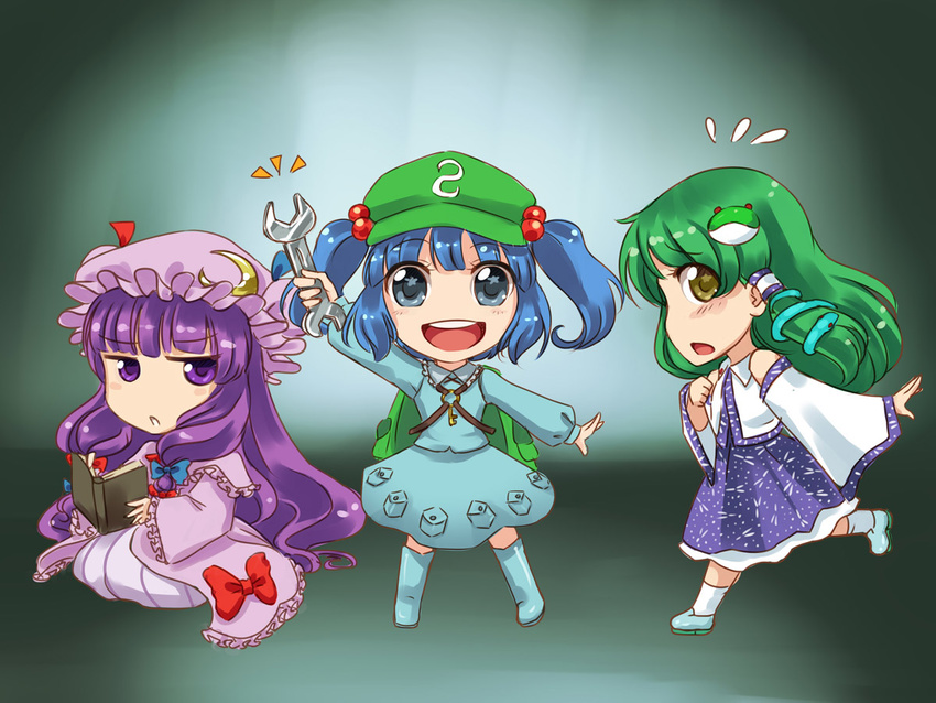 3girls ^^^ backpack bag blue_bow blue_eyes blue_footwear blue_hair blue_ribbon book boots bow chibi commentary crescent crescent_hat_ornament danmaku!! detached_sleeves dress frilled_dress frilled_sleeves frills frog_hair_ornament from_side green_eyes green_hair hair_bobbles hair_ornament hair_ribbon hair_tubes hat hat_ornament hat_ribbon japanese_clothes jitome kawashiro_nitori key kneeling kochiya_sanae legs_apart long_hair looking_at_viewer m._beatriz_garcia miko mob_cap multiple_girls pajamas patchouli_knowledge photoshop_(medium) purple_eyes purple_hair reading red_bow red_ribbon ribbon round_teeth rubber_boots running simple_background skirt skirt_set snake snake_hair_ornament standing striped_clothes striped_dress sweatdrop teeth touhou twintails two_side_up very_long_hair wide_sleeves wrench