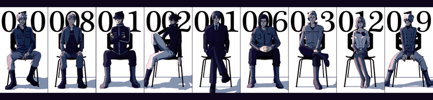 6+boys arafune_squad's_uniform arafune_tetsuji azuma_haruaki beanie between_fingers boots buttons chair chano_makoto cigarette closed_mouth collared_shirt commentary_request cropped_jacket cross-laced_clothes crossed_arms crossed_legs double-breasted dress_shirt female formal hands_in_pockets hands_on_own_knees hat headphones headphones_around_neck highres holding interlocked_fingers jacket kageura_masato kageura_squad's_uniform kakizaki_kuniharu kuruma_squad's_uniform kuruma_tatsuya letterboxed long_sleeves looking_at_viewer messy_hair multiple_boys nasu_rei nasu_squad's_uniform necktie ninomiya_masataka ninomiya_squad's_uniform own_hands_together pants pantyhose parted_bangs shade shadow shirt shoes short_hair sitting sitting_sideways smile spiked_hair suit suwa_koutarou suwa_squad's_uniform v_(bui) white_background white_hair white_shirt wide_image world_trigger zipper