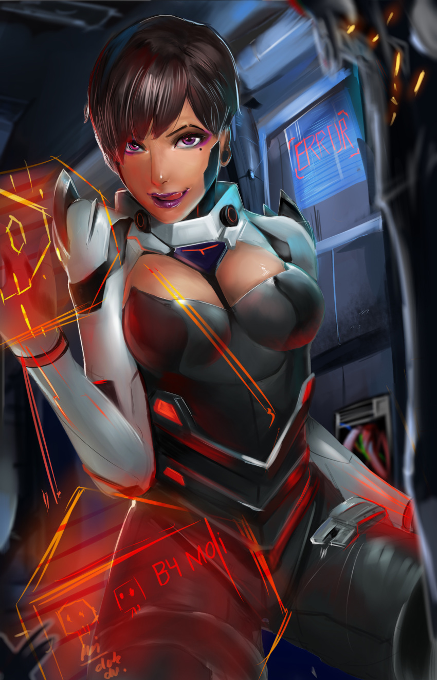 alternate_costume alternate_hair_length alternate_hairstyle bad_id bad_pixiv_id bodysuit breasts brown_hair commentary_request dark-skinned_female dark_skin eyeshadow female highres holographic_monitor licking_lips lipstick makeup medium_breasts moi'dukdum mole mole_under_eye overwatch overwatch_1 purple_eyes purple_lips short_hair solo sombra_(overwatch) talon_sombra tongue tongue_out