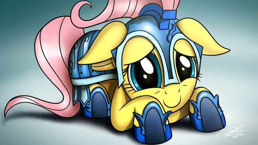 16:9 2012 armor blue_eyes dori-to equid equine feathered_wings feathers female feral fluttershy_(mlp) friendship_is_magic fur gradient_background hair hasbro headgear helmet hi_res looking_at_viewer mammal my_little_pony mythological_creature mythological_equine mythology pegasus pink_hair simple_background smile solo widescreen wings yellow_body yellow_feathers yellow_fur