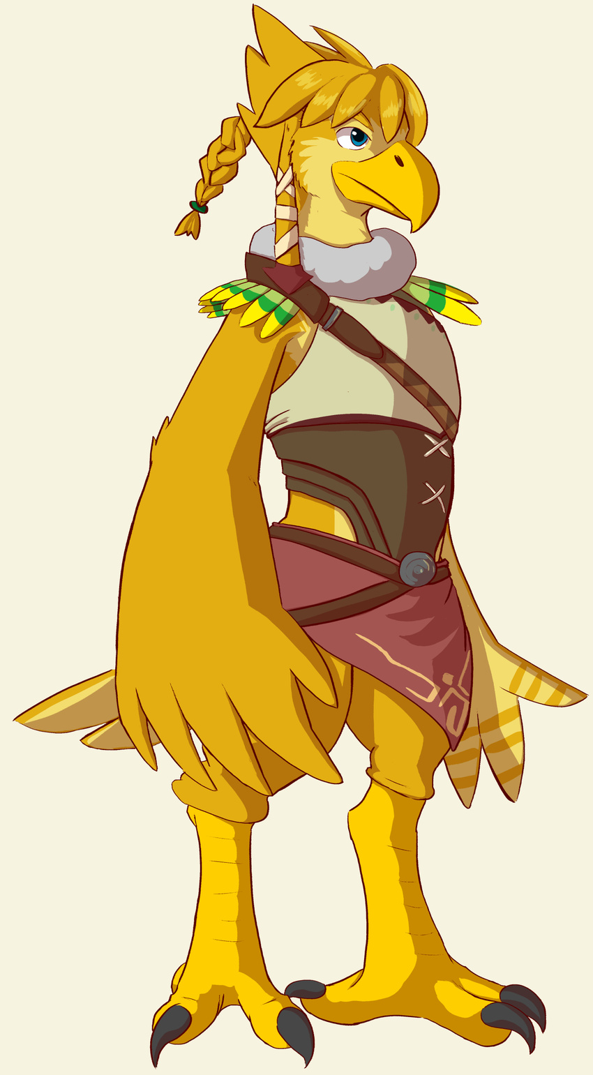 2017 absurd_res alternate_species anthro avian beak bird blue_eyes braided_hair breath_of_the_wild clothing feather_hands feathers feet furrification hair hi_res link_(rito_form) male nintendo rito simple_background solo standing talons the_legend_of_zelda toes unclear_asdf white_background