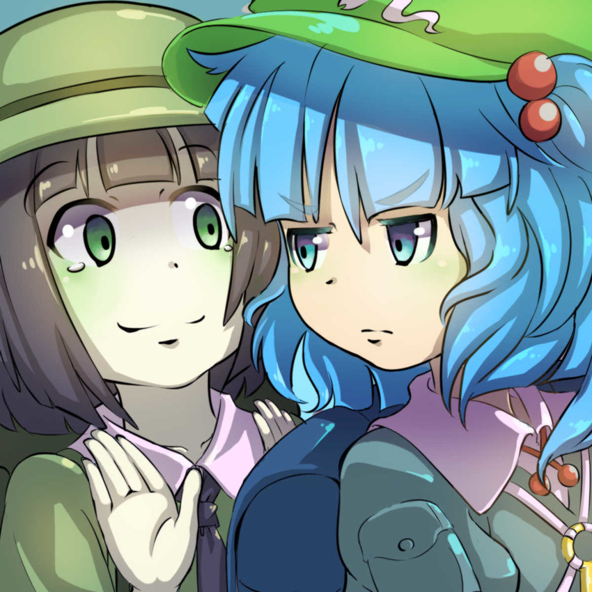 2girls backpack bad_id bad_pixiv_id bag black_hair blue_eyes blue_hair dark_haired_kappa green_eyes hat highres kappa_mob_(touhou) kawashiro_nitori multiple_girls piyodesu smile tears touhou two_side_up