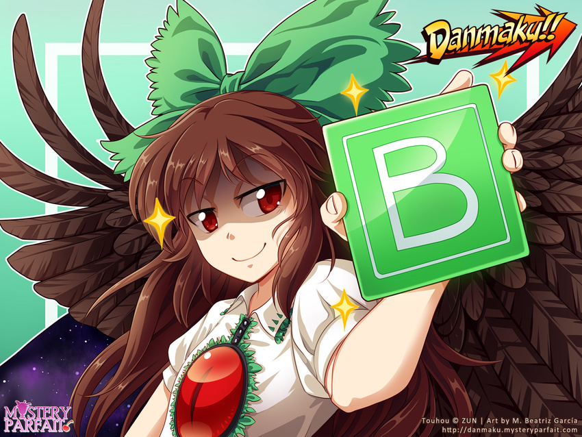 artist_name bird_wings black_hair black_wings bomb_item_(touhou) bow cape collared_shirt commentary copyright_name danmaku!! english_commentary female green_bow hairbow highres holding jitome long_hair looking_at_viewer m._beatriz_garcia photoshop_(medium) power-up red_eyes reiuji_utsuho shaded_face shirt short_sleeves smile smug solo space sparkle star_(symbol) third_eye touhou upper_body watermark white_shirt wings