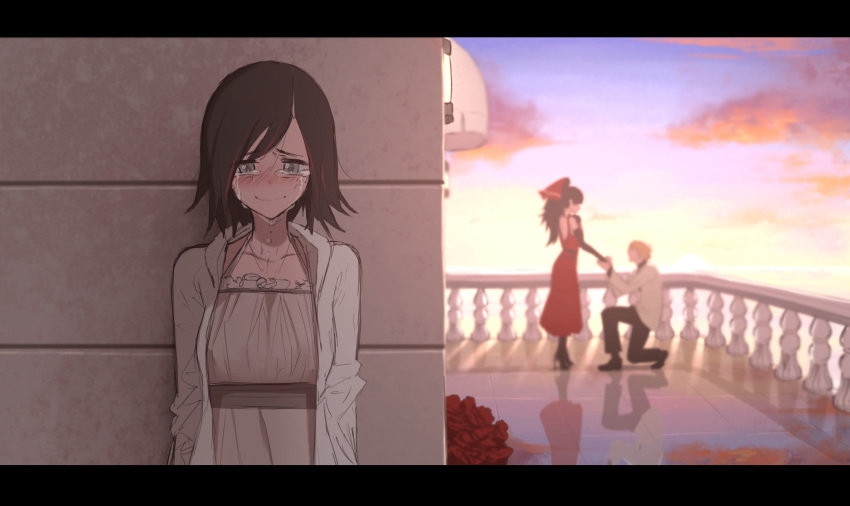 1boy 2girls absurdres bandana black_hair black_pants blonde_hair blue_eyes blush brown_dress cardigan cloud commentary crying crying_with_eyes_open dishwasher1910 dress dusk english_commentary flower frills high_heels highres jacket letterboxed marriage_proposal multicolored_hair multiple_girls netorare on_one_knee open_cardigan open_clothes outdoors pants pantyhose ponytail railing raven_branwen red_bandana red_dress rose rwby short_hair sky smile squatting straight streaked_hair summer_rose sunset sweater taiyang_xiao_long tears white_jacket white_sweater