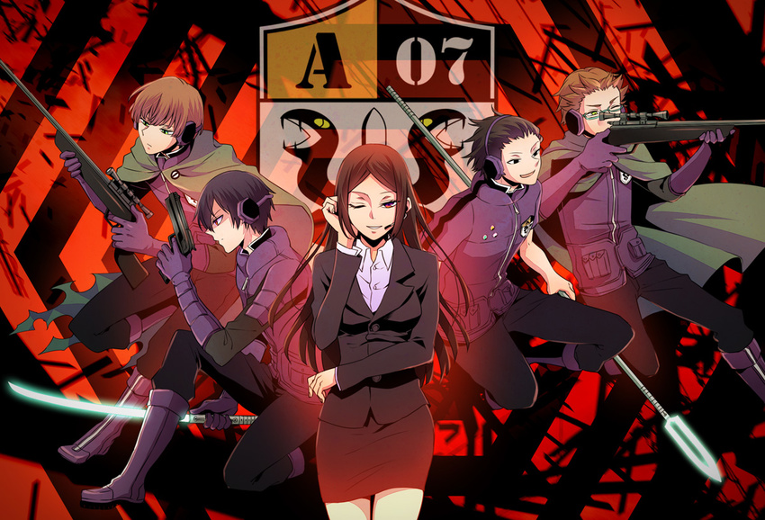 4boys ;d aiming badge black_eyes black_jacket black_pants black_skirt border_operator_uniform_(world_trigger) brown_eyes brown_hair cape cloak closed_mouth collared_shirt commentary_request dress_shirt eyelashes female glasses gloves glowing glowing_sword glowing_weapon green-framed_eyewear green_eyes gun hair_slicked_back hakyou_(hakyo) hand_on_own_head handgun headphones holding holding_gun holding_weapon hood hood_down hooded_cloak jacket kodera_shouhei long_hair long_sleeves looking_at_viewer microphone miwa_shuuji miwa_squad's_uniform motion_blur multiple_boys narasaka_touru on_one_knee one_eye_closed open_mouth pants pencil_skirt polearm red_eyes rifle shirt skirt smile snake spear striped tsukimi_ren uniform weapon white_shirt world_trigger yoneya_yousuke zipper