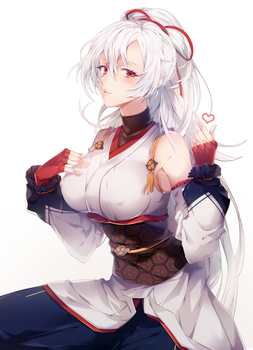 absurdres armor bangs blue_hakama blush bow breasts detached_sleeves erect_nipples fate/grand_order fate_(series) fingerless_gloves gloves hair_between_eyes hair_ribbon hakama hand_on_own_chest hand_up heart highres horns japanese_clothes kimono large_breasts long_hair looking_at_viewer misshao_00 obi oni_horns ponytail red_bow red_eyes red_gloves ribbon sash short_kimono side_slit sidelocks silver_hair sitting sleeveless sleeveless_turtleneck smile solo tareme tomoe_gozen_(fate/grand_order) turtleneck very_long_hair white_kimono