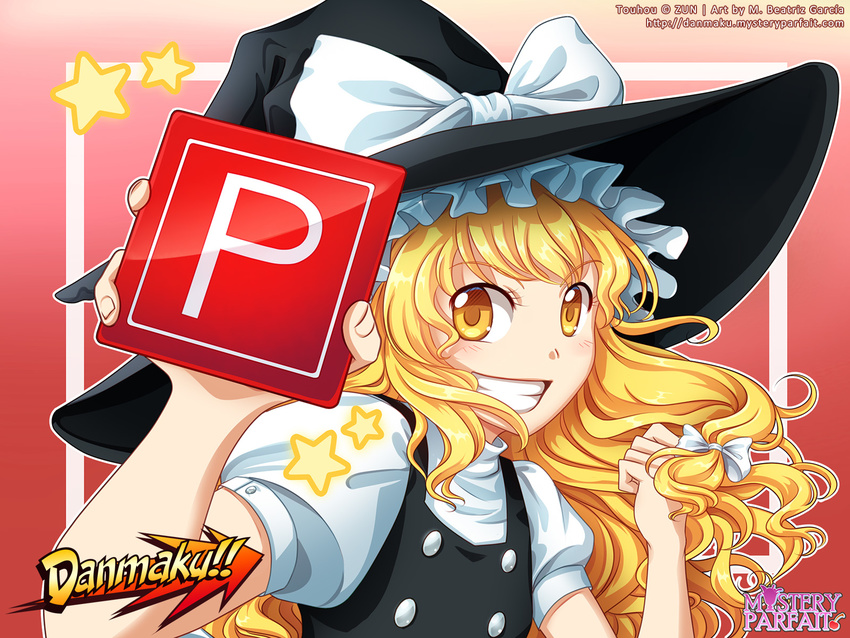 artist_name blonde_hair bow buttons commentary copyright_name danmaku!! english_commentary female hairbow hat hat_bow highres holding kirisame_marisa looking_at_viewer m._beatriz_garcia photoshop_(medium) power-up power_item_(touhou) puffy_sleeves short_sleeves smile solo star_(symbol) teeth touhou upper_body watermark white_bow witch_hat yellow_eyes