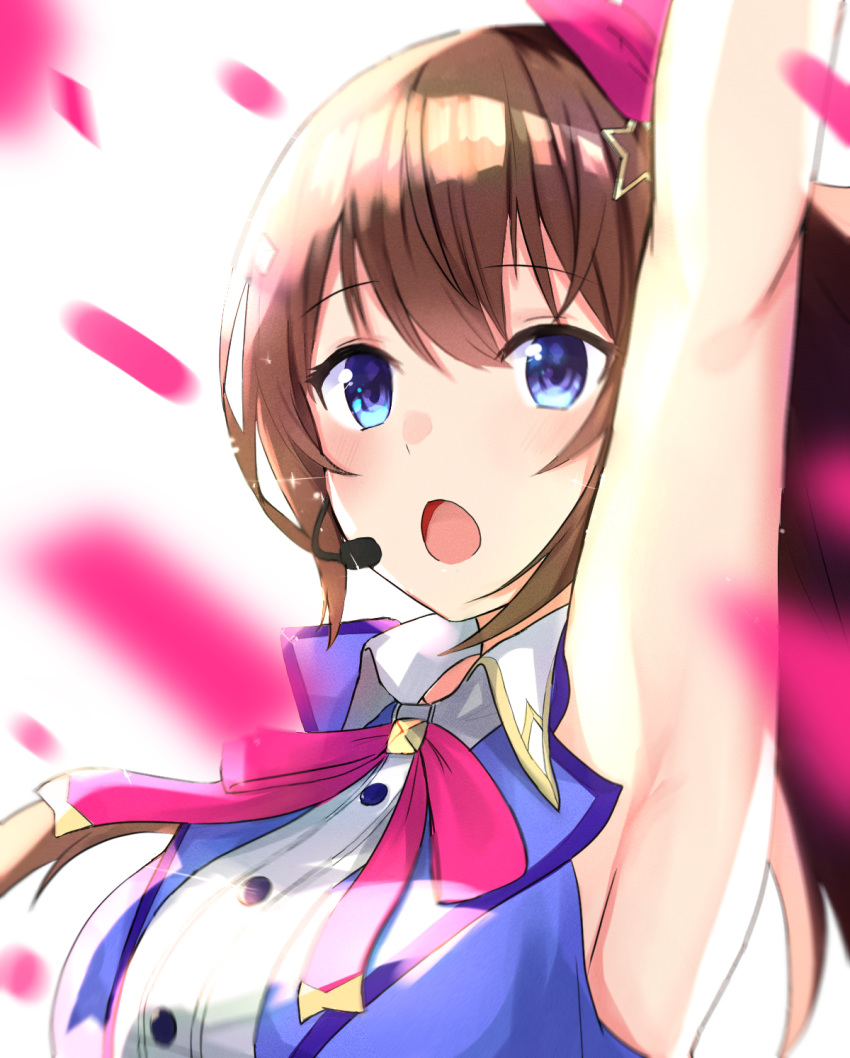 armpits blue_eyes blue_vest bow breasts brown_hair close-up female furai_sen hair_ornament hair_ribbon hairbow hairclip headset highres hololive idol idol_clothes large_breasts long_hair looking_ahead music open_mouth petals pink_bow red_ribbon ribbon shirt singing sleeveless sleeveless_shirt solo star_(symbol) star_hair_ornament tokino_sora tokino_sora_(1st_costume) upper_body vest virtual_youtuber white_shirt