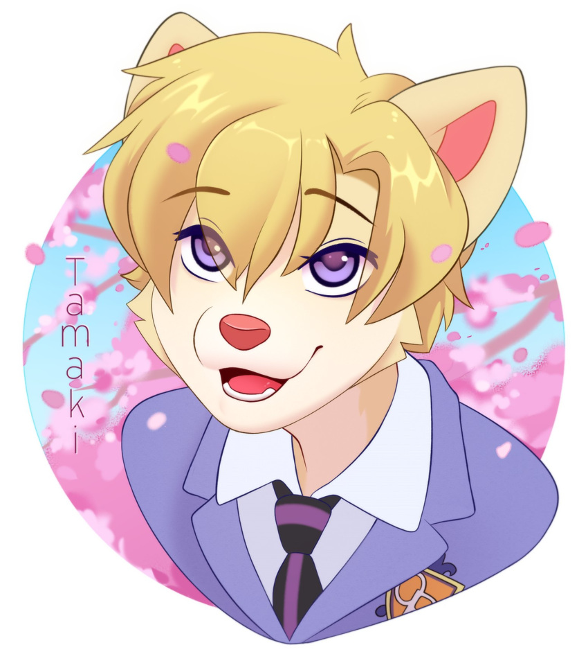 2020 anthro blonde_hair canid canine canis cherry_blossom clothed clothing digital_media_(artwork) domestic_dog flower fur hair hi_res luryry mammal necktie open_mouth open_smile plant prunus_(flower) purple_eyes shaded shiba_inu smile solo spitz