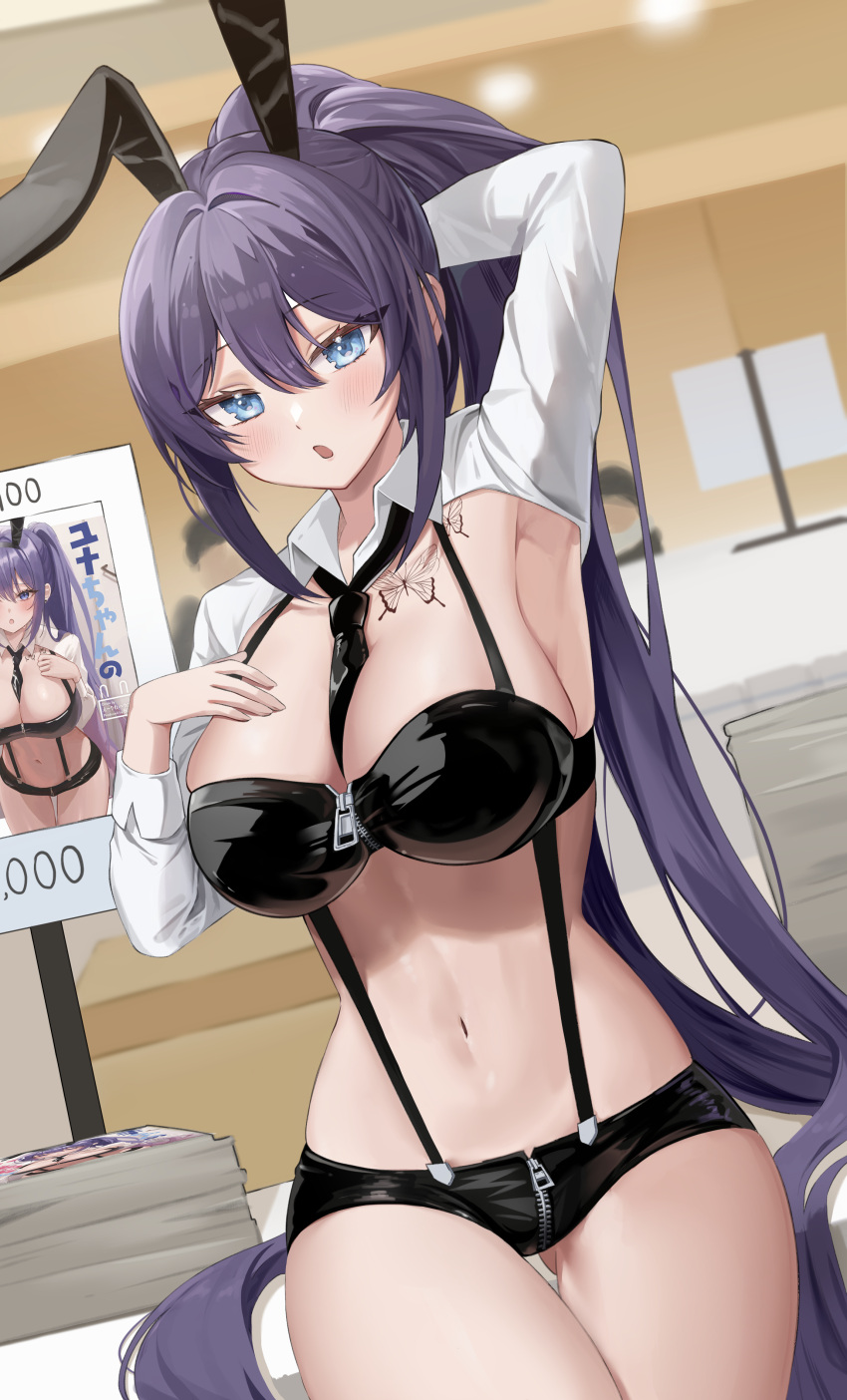 absurdres animal_ears arm_behind_head arm_up armpits ass_visible_through_thighs bandeau between_breasts black_necktie black_shorts blue_eyes borrowed_character breasts butterfly_tattoo chest_tattoo cleavage comiket comiket_100 cowboy_shot fake_animal_ears female hand_on_own_chest hand_up highres large_breasts latex long_hair long_sleeves looking_at_viewer micro_shorts midriff navel necktie open_mouth original ponytail purple_hair rabbit_ears revealing_clothes short_necktie shorts shrug_(clothing) sidelocks skindentation solo standing stomach strapless suisen_(suisenhwa) suspenders tattoo thigh_gap thighs tube_top very_long_hair wing_collar yuna_(biya_(1024)) zipper zipper_pull_tab