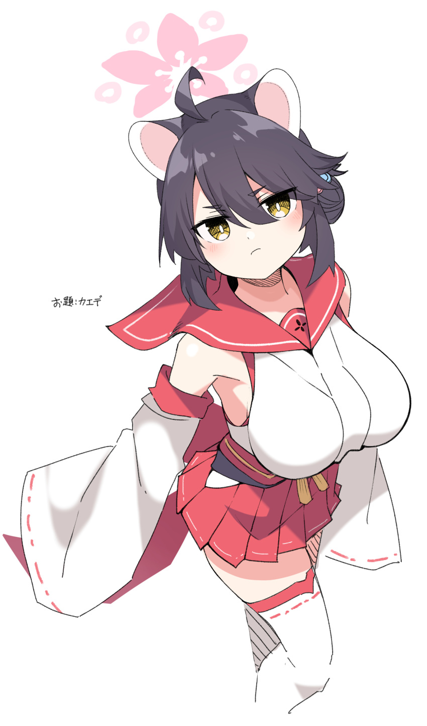 absurdres ahoge animal_ears black_hair blue_archive breasts detached_sleeves feet_out_of_frame female flower hair_between_eyes hair_bun halo highres japanese_clothes kaede_(blue_archive) kandori large_breasts long_sleeves looking_at_viewer pleated_skirt pout red_sailor_collar red_skirt sailor_collar short_hair simple_background single_hair_bun skirt sleeveless solo thighhighs white_background white_thighhighs yellow_eyes