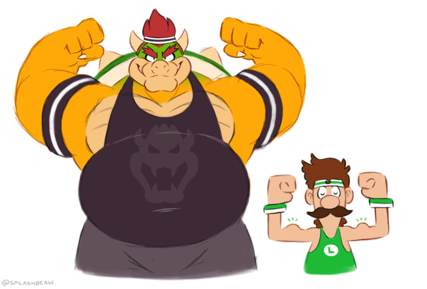 2023 4_fingers accessory anthro armband barazoku belly biceps big_belly big_biceps big_muscles black_clothing black_shirt black_tank_top black_topwear bottomwear bowser bowser_day claws clothed clothing duo emanata eyebrows facial_hair fingers flexing front_view green_clothing green_shirt green_tank_top green_topwear grey_bottomwear grey_clothing grey_shorts hair headband hi_res horn huge_muscles human humanoid_hands koopa larger_anthro logo looking_at_viewer luigi male mammal manly mario_bros moustache musclegut muscular muscular_anthro muscular_male nintendo overweight overweight_anthro overweight_male pants pecs red_hair scalie shell shirt shorts simple_background size_difference smaller_human smile spiked_shell spikes spikes_(anatomy) splashburr standing tank_top text thick_eyebrows topwear twitter url white_background wristband yellow_body