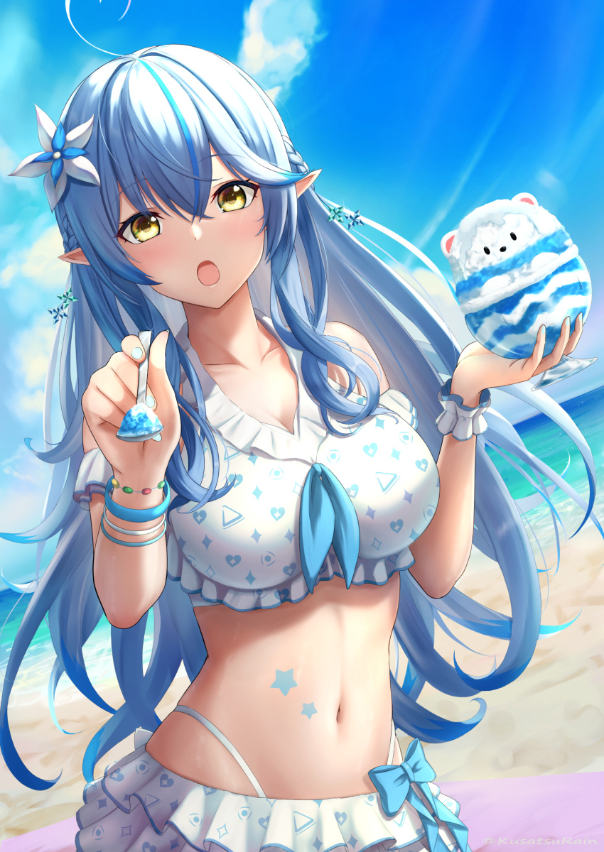 :o ahoge amano_kusatsu beach beach_towel bikini bikini_skirt blue_hair blue_sky bowl bracelet braid breasts cleavage cloud collarbone colored_tips day female flower food hair_flower hair_ornament half_updo heart heart_ahoge highres holding holding_bowl holding_spoon hololive hololive_summer_2022_swimsuit horizon jewelry large_breasts long_hair looking_at_viewer multicolored_hair navel open_mouth outdoors pointy_ears print_bikini scrunchie shaved_ice sidelocks sky solo spoon star_tattoo stomach_tattoo streaked_hair summer swimsuit tattoo towel virtual_youtuber white_bikini wrist_scrunchie yellow_eyes yukihana_lamy