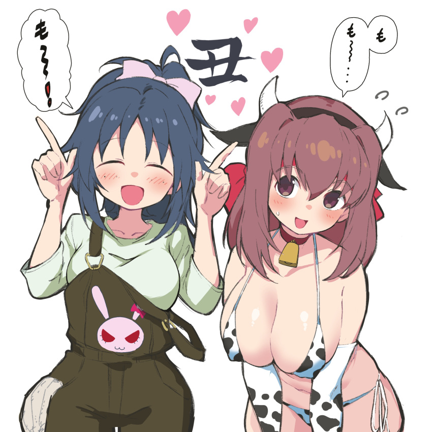 2girls :d absurdres alternate_costume alternate_hairstyle animal_print bell bikini blue_hair blush bow breasts brown_eyes brown_hair brown_overalls chinese_zodiac choker cleavage closed_eyes cow_horns cow_print cow_print_bikini elbow_gloves emblem facing_viewer fake_horns flying_sweatdrops freckles girls_und_panzer gloves green_shirt hair_up hairbow halterneck head_tilt headband heart highres horns horns_pose kondou_taeko large_breasts leaning_forward long_hair long_sleeves looking_at_viewer medium_hair multiple_girls navel neck_bell new_year official_alternate_costume open_mouth overalls partially_translated pink_bow ponytail print_bikini print_gloves rabbit red_choker red_headband shirt side-by-side side-tie_bikini_bottom smile standing strap_slip sweatdrop swimsuit translation_request white_bikini white_gloves yabai_gorilla yamagou_ayumi year_of_the_ox