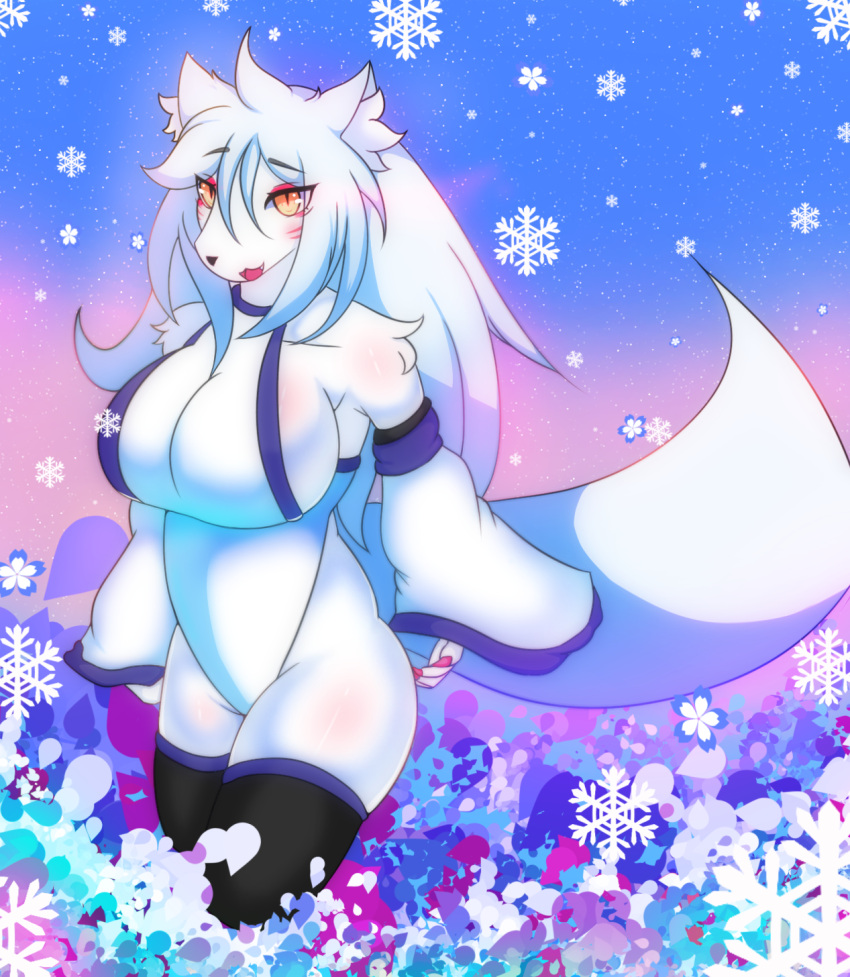 anthro arctic_fox armwear azalea breasts canid canine clothed clothing detached_sleeves eye_through_hair eyebrow_through_hair eyebrows eyelashes eyelashes_through_hair female female_anthro fox fur hair hi_res kemono legwear mammal solo stockings translucent translucent_hair true_fox white_body white_fur white_hair white_skin whiteyonggari_(artist) winter yellow_eyes