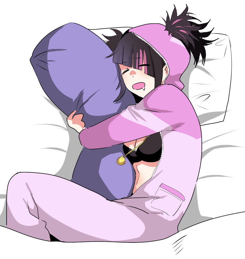 black_bra black_hair bra breasts cleavage closed_eyes drooling eye_(mememem) female hair_through_hood highres hood hood_up hugging_object juri_han multicolored_hair official_alternate_costume official_alternate_hairstyle onesie open_mouth pajamas pillow pillow_hug pink_hair pink_pajamas sleeping solo street_fighter street_fighter_6 twintails underwear unzipped