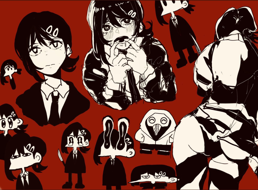 1boy black_hair black_jacket black_necktie chainsaw_man collared_shirt distortion drooling female finger_in_own_mouth formal fyrvwyhrdgjlfka hair_ornament hairclip higashiyama_kobeni highres hood hoodie jacket knife monochrome necktie plague_doctor_mask red_background shirt short_hair short_ponytail simple_background single_sidelock suit suit_jacket violence_fiend_(chainsaw_man) white_hoodie white_shirt