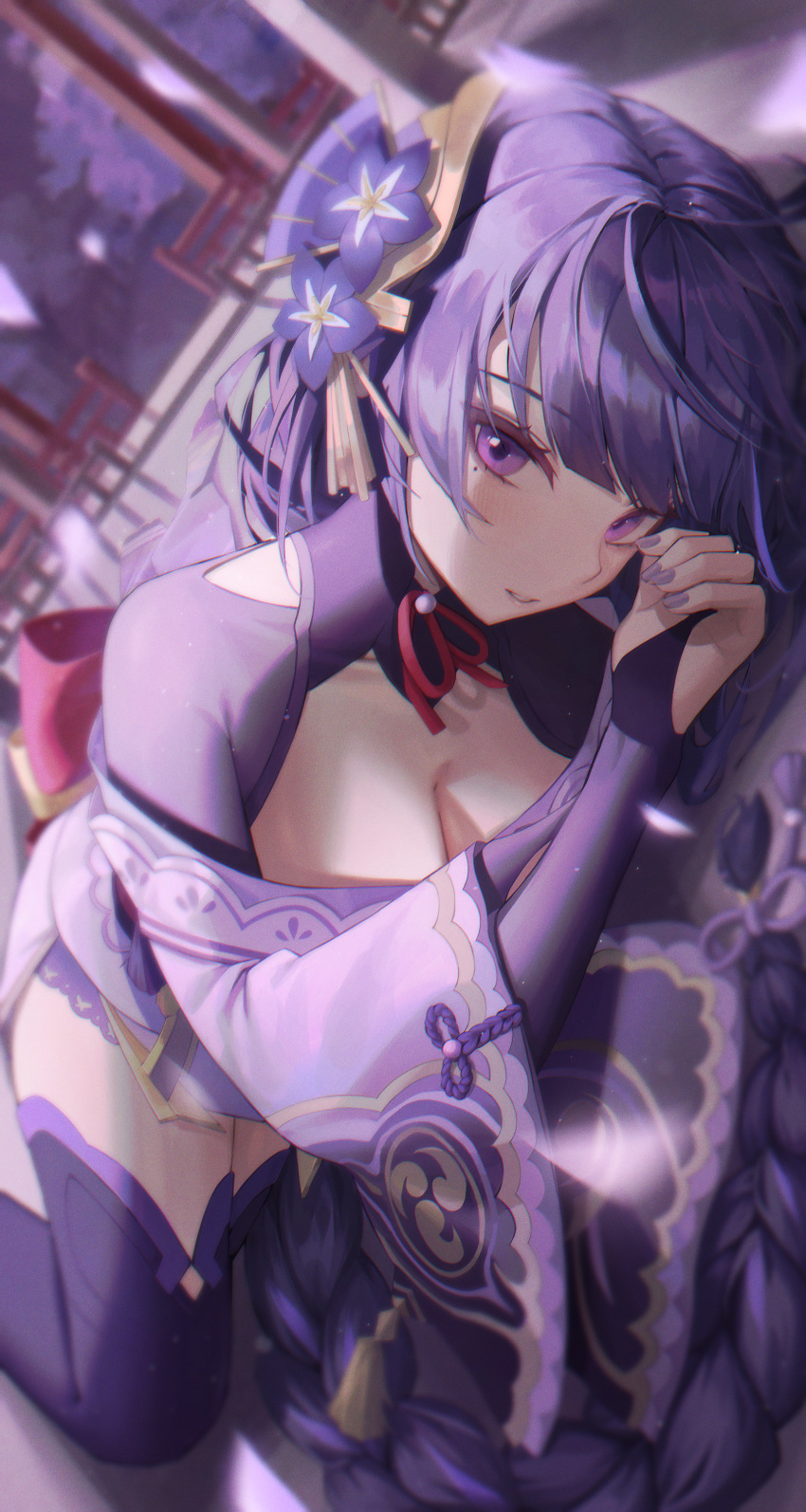 absurdres back_bow black_thighhighs blurry blurry_foreground bow braid breasts bridal_gauntlets cleavage collarbone commentary depth_of_field dutch_angle feet_out_of_frame female genshin_impact hair_ornament highres japanese_clothes kimono kongsi large_bow large_breasts light_blush light_particles long_hair looking_at_viewer low-braided_long_hair low-tied_long_hair lying mole mole_under_eye nail_polish neck_ribbon off_shoulder on_side outdoors parted_hair parted_lips purple_eyes purple_hair purple_kimono purple_nails raiden_shogun red_bow red_ribbon ribbon shadow solo thighhighs very_long_hair wide_sleeves