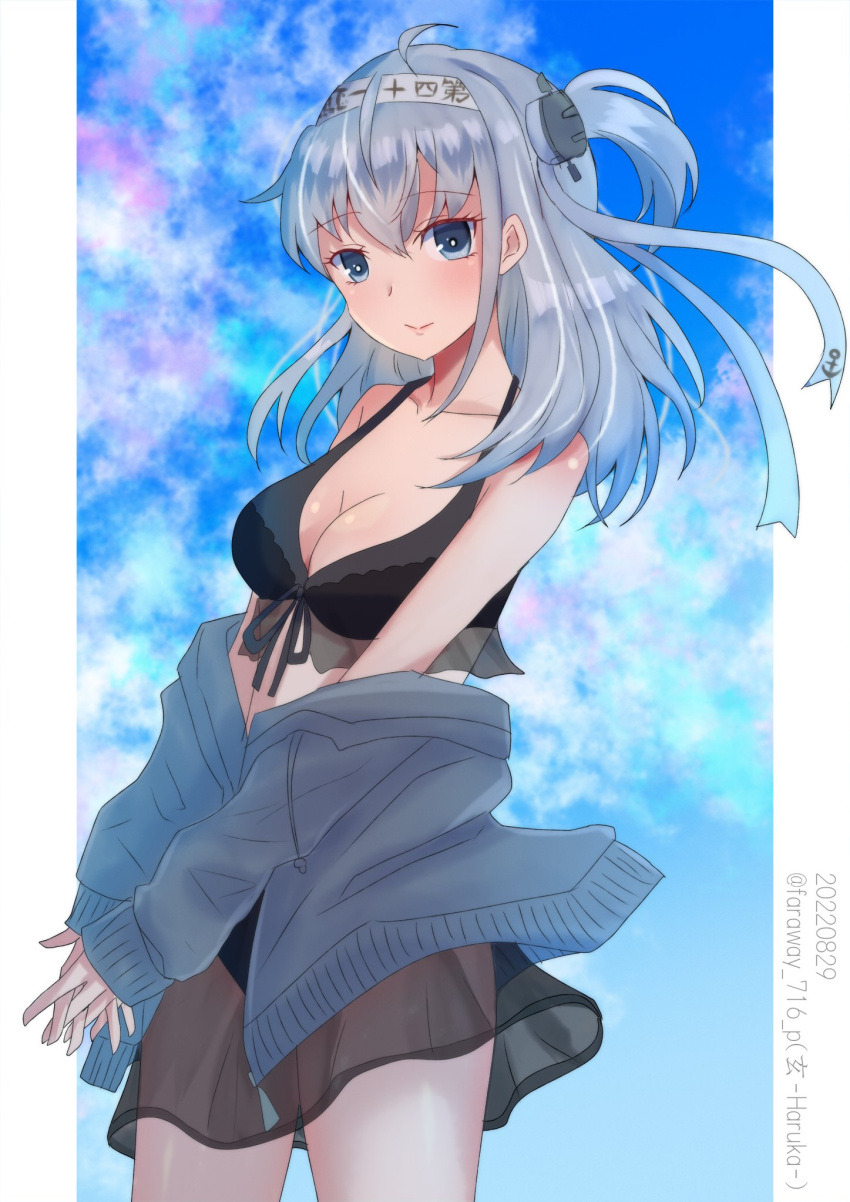 bikini black_bikini black_sarong blue_eyes blush breasts cleavage closed_mouth clothes_writing collarbone cowboy_shot dated female grey_hair grey_jacket hachimaki hair_between_eyes haruka_faraway716 headband highres jacket kantai_collection large_breasts long_hair long_sleeves one-hour_drawing_challenge one_side_up sarong smile solo suzutsuki_(kancolle) suzutsuki_(swimsuit_mode)_(kancolle) swimsuit twitter_username white_headwear