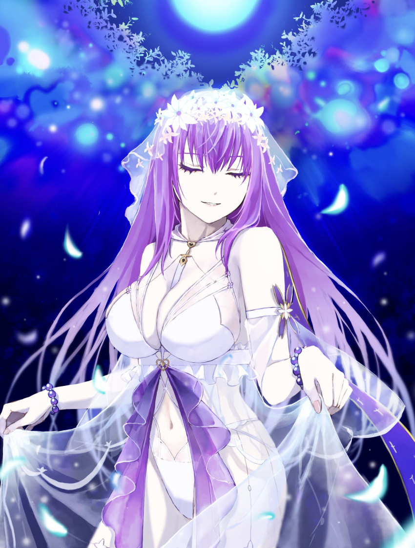 bad_id bad_twitter_id bead_bracelet beads bikini bracelet breasts brooch cleavage closed_eyes fate/grand_order fate_(series) female flower forest hair_flower hair_ornament heart heart_brooch highres jewelry kino_kokko large_breasts moon nature night one-piece_swimsuit outdoors purple_hair scathach_(fate) scathach_skadi_(fate) scathach_skadi_(swimsuit_ruler)_(fate) scathach_skadi_(swimsuit_ruler)_(third_ascension)_(fate) skirt_hold smile solo swimsuit tree underwater veil white_bikini white_flower white_one-piece_swimsuit