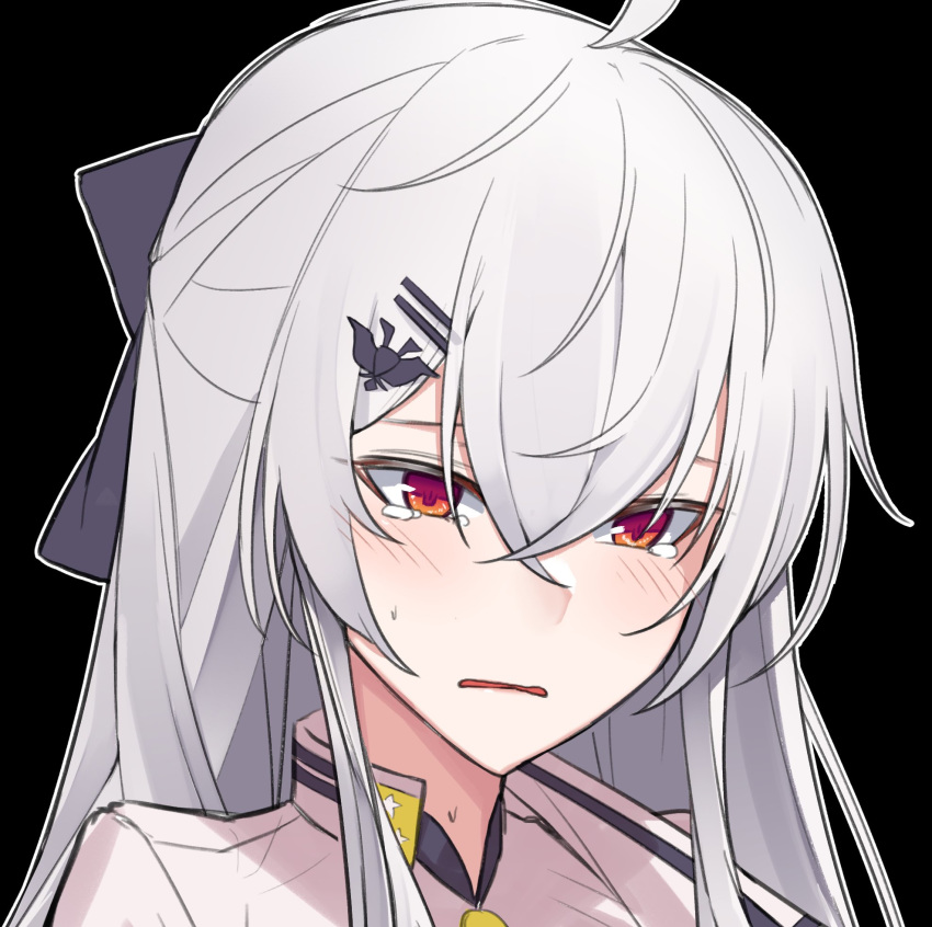 bad_id bad_twitter_id black_background blush bow crying crying_with_eyes_open female girls'_frontline hair_ribbon hairbow highres iws_2000_(girls'_frontline) long_hair looking_down orn red_eyes ribbon solo tears uniform white_hair