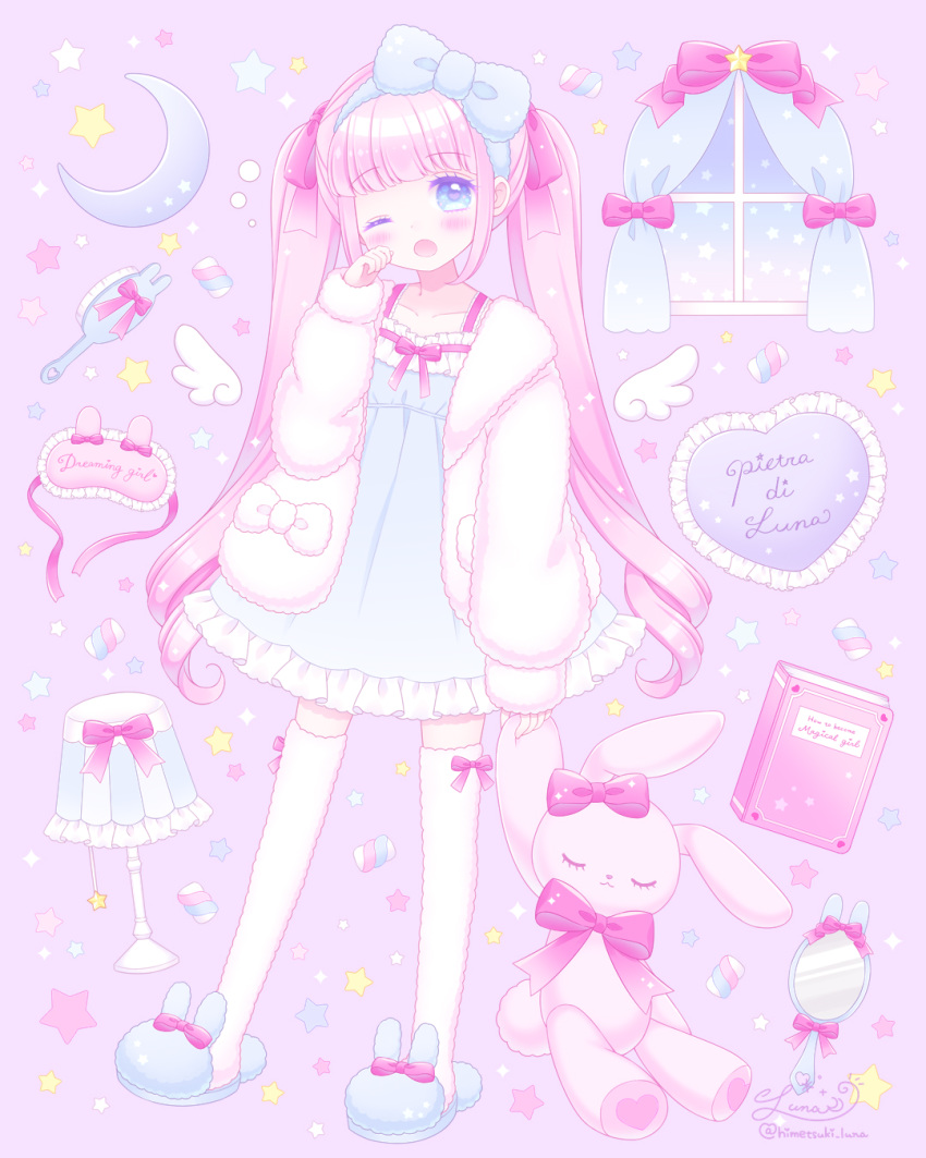 ;o animal_slippers blue_bow blue_dress blue_eyes blue_footwear blue_hairband blush bow bunny_slippers collarbone commentary_request curtains detached_wings dress female frilled_dress frills full_body hair_brush hairband hairbow hand_mirror heart highres himetsuki_luna holding holding_stuffed_toy jacket lamp lampshade long_hair long_sleeves mini_wings mirror one_eye_closed open_clothes open_jacket open_mouth original pink_background pink_hair puffy_long_sleeves puffy_sleeves sleep_mask sleeves_past_wrists slippers solo standing standing_on_one_leg star_(symbol) stuffed_animal stuffed_rabbit stuffed_toy thighhighs twintails very_long_hair white_jacket white_thighhighs white_wings window wings