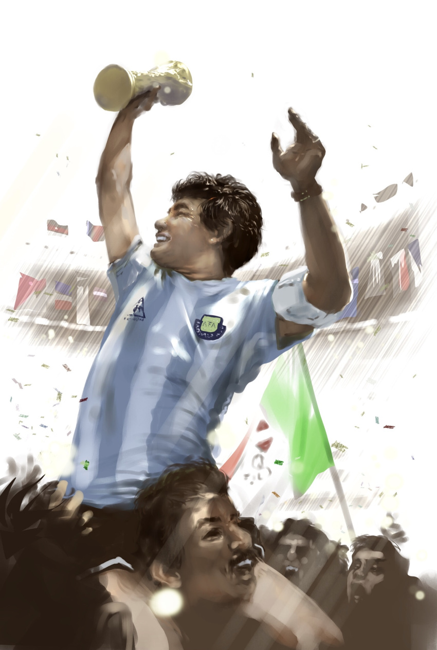 1986_fifa_world_cup 6+boys argentina argentinian_flag argentinian_flag_print armband asociacion_de_futbol_argentina black_hair blue_shirt carrying celebration crowd diego_maradona fifa_world_cup_trophy flag flag_print highres le_coq_sportif lifting_person light_rays looking_at_another male_focus multiple_boys object_on_head real_life shirt short_hair shoulder_carry smile soccer soccer_uniform somete_(sometebaka) sportswear stadium striped_clothes striped_shirt trophy vertical-striped_clothes vertical-striped_shirt white_shirt world_cup