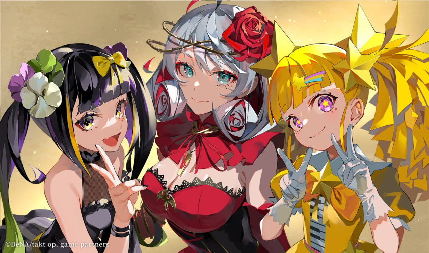 3girls anna_schneider aqua_eyes bare_shoulders black_dress black_hair blonde_hair blunt_bangs breasts colored_inner_hair corset cross-laced_clothes cross-laced_corset crown_of_thorns destiny_(takt_op.) detached_collar detached_sleeves double_v dress eyeshadow fangs fantasie_impromptu_(takt_op.) flat_chest flower frilled_gloves frills gloves green_flower green_hair grey_hair hair_flower hair_ornament highres lam_(ramdayo) large_breasts long_hair long_sleeves looking_at_viewer makeup medium_breasts medium_hair multicolored_hair multiple_girls official_art piano_print puffy_short_sleeves puffy_sleeves purple_eyes purple_flower purple_hair red_dress red_eyeshadow red_flower red_hair red_rose red_sleeves rose shooting_star_hair_ornament short_sleeves skin_fangs smile star-shaped_pupils star_(symbol) star_hair_ornament star_in_eye strapless strapless_dress streaked_hair symbol-shaped_pupils symbol_in_eye takt_op. thorns twinkle_star_(takt_op.) twintails upper_body v white_flower white_gloves yellow_dress yellow_eyes yellow_pupils